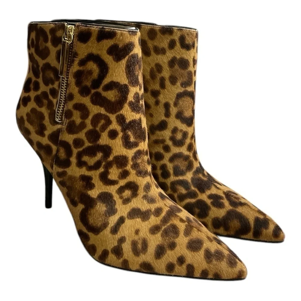 Marc Fisher LTD MLFaye Brown Calf Hair Leopard Booties Side Zipper Women 9.5M